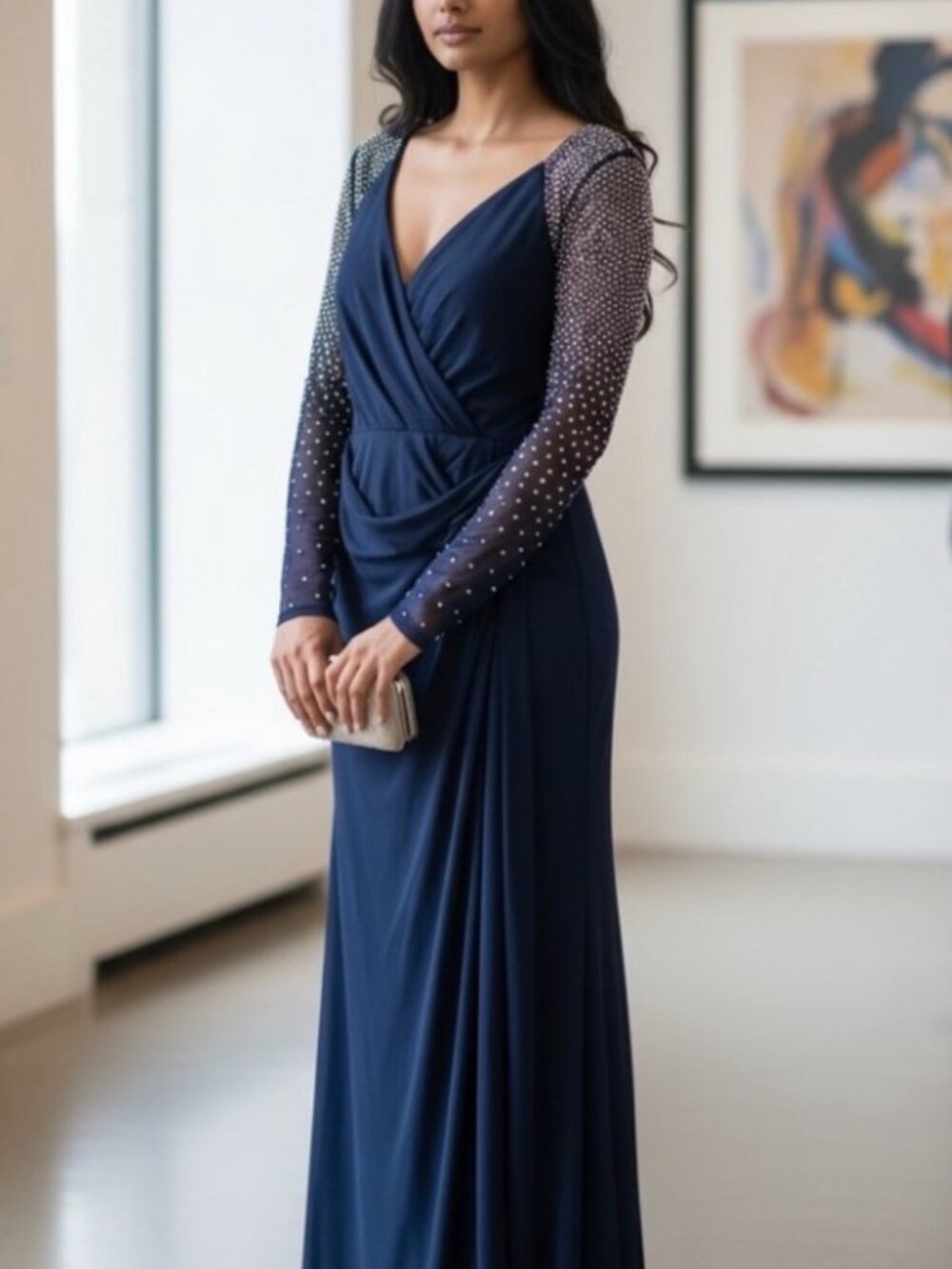NWT Betsy & Adam Navy Blue Beaded Gown. Size 10P/8P